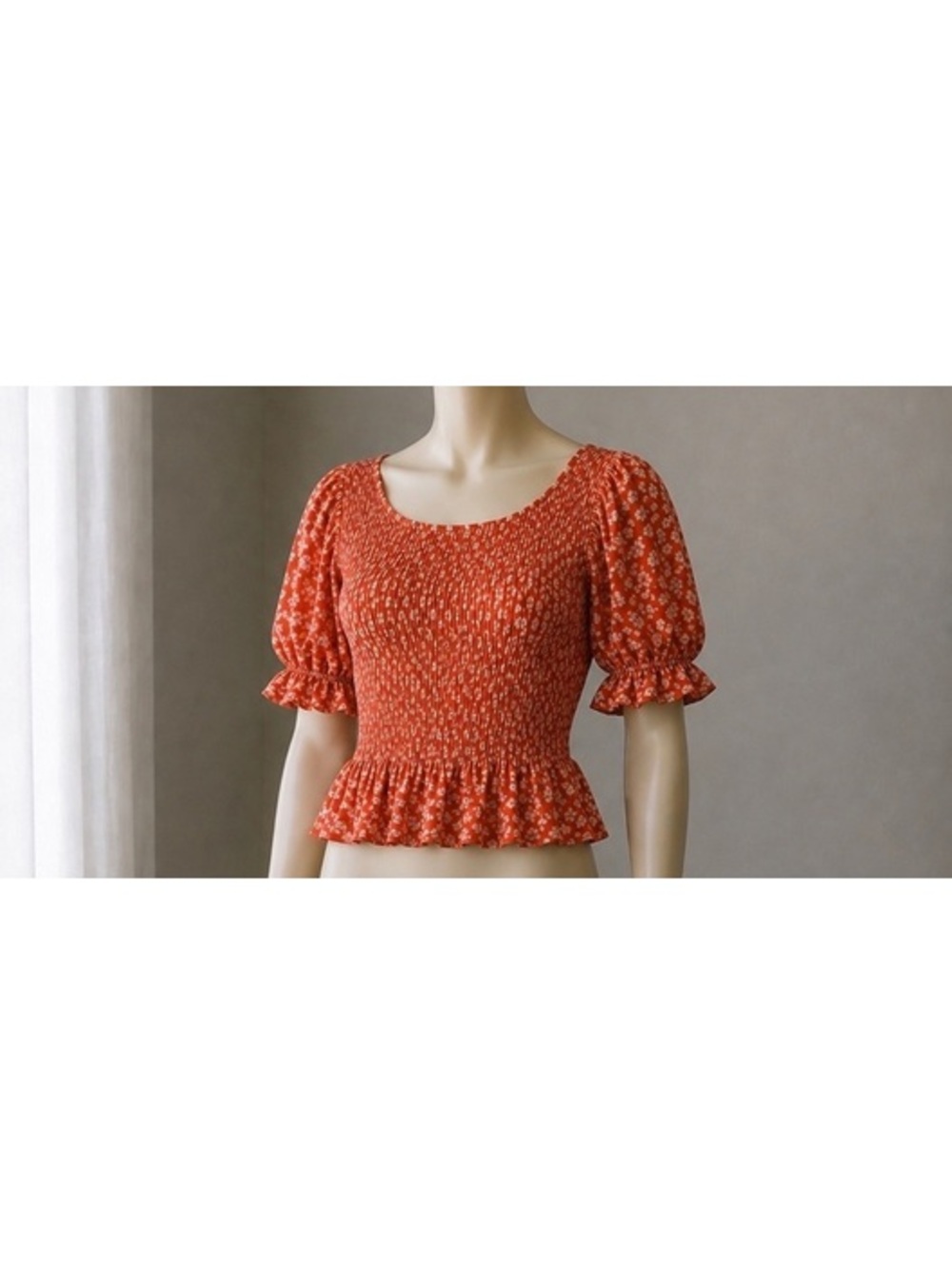 Melloday Orange Floral Smocked Peplum Top Women’s Small Puff Sleeve - Picture 1 of 8